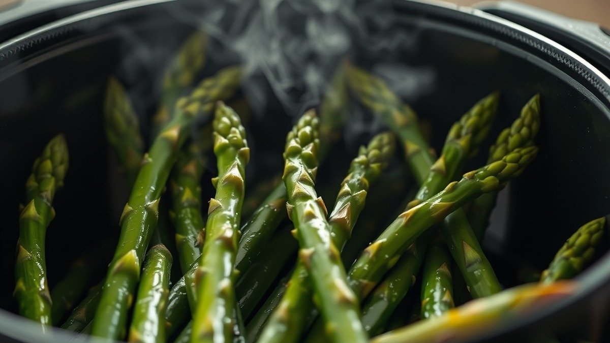 How long does frozen asparagus take to cook in an air fryer? recipe hero presentation - A close-up photorealistic shot of vibrant green asparagus spears cooking inside a black air fryer ba