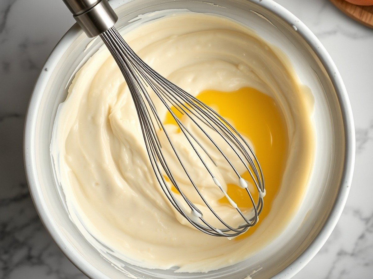 How long does it take for a runny cheesecake to set in the fridge? cooking process - A photorealistic overhead shot of a stainless steel whisk resting in a thick bowl of rich cream chee