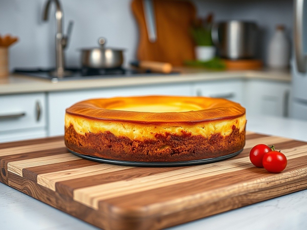 How long does it take for a runny cheesecake to set in the fridge? final dish overhead - A photorealistic image of a golden-brown baked cheesecake cooling on a wooden cutting board in a pro