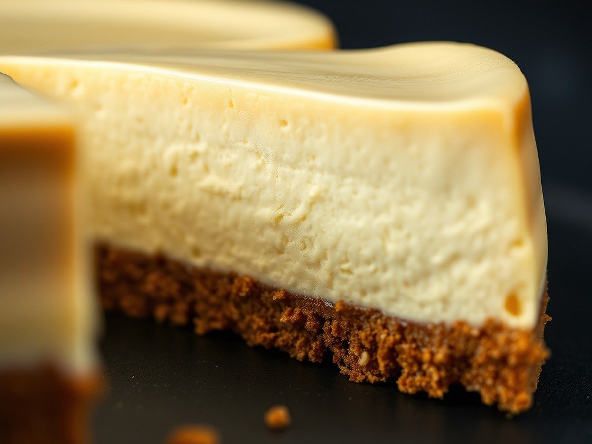 How long does it take for a runny cheesecake to set in the fridge? plating and garnish - A photorealistic macro image of cheesecake cross-section showing smooth, velvety texture and a butte