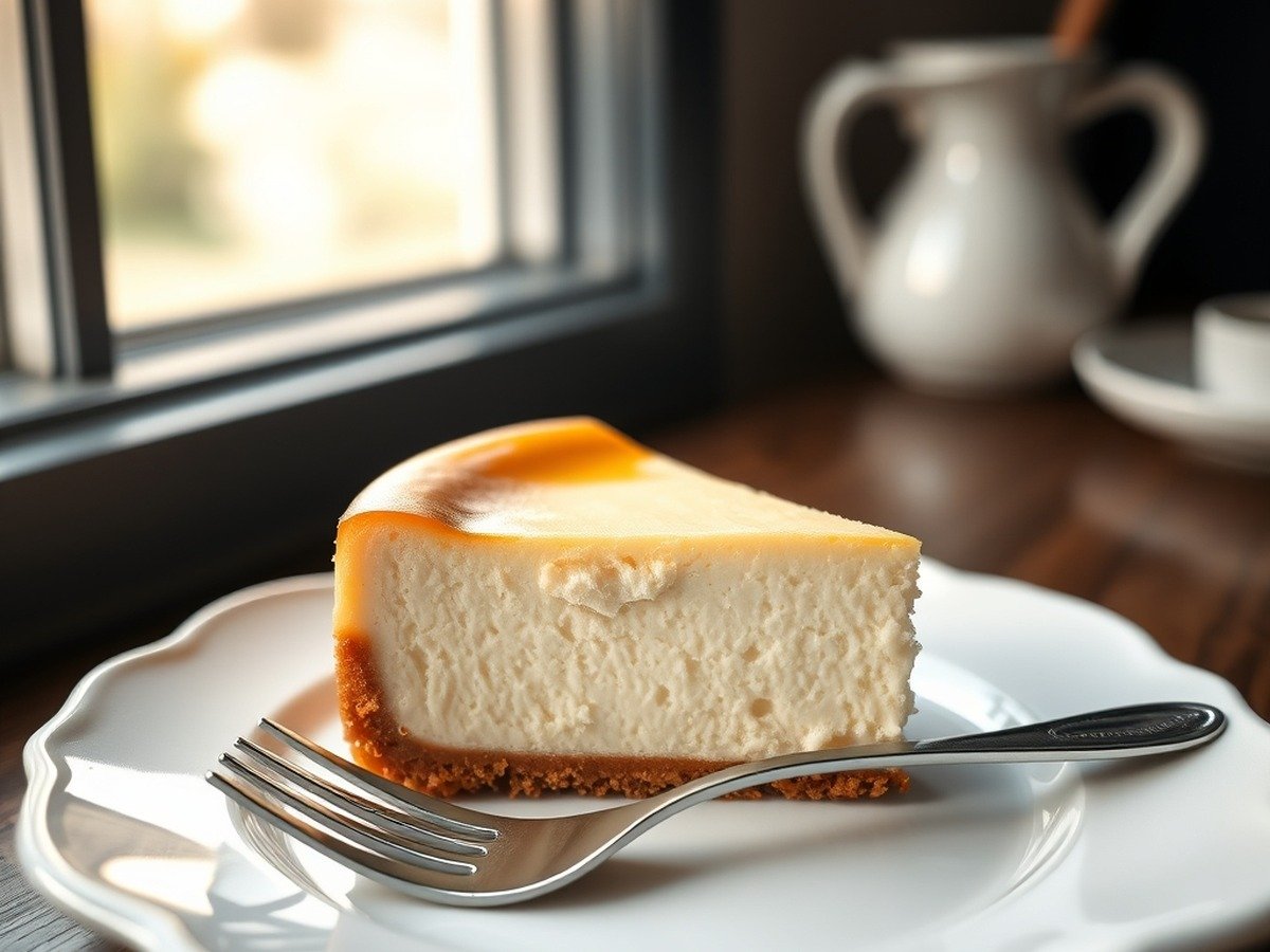 How long does it take for a runny cheesecake to set in the fridge? preparation close-up - A photorealistic slice of a perfectly set cheesecake on a white ceramic plate with a silver fork res