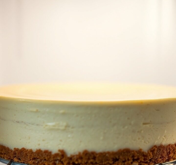 How long does it take for a runny cheesecake to set in the fridge? recipe hero presentation - A photorealistic close-up of a creamy New York style cheesecake chilling inside a clean refrigerator
