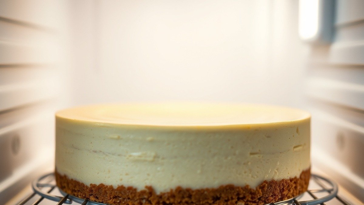 How long does it take for a runny cheesecake to set in the fridge? recipe hero presentation - A photorealistic close-up of a creamy New York style cheesecake chilling inside a clean refrigerator
