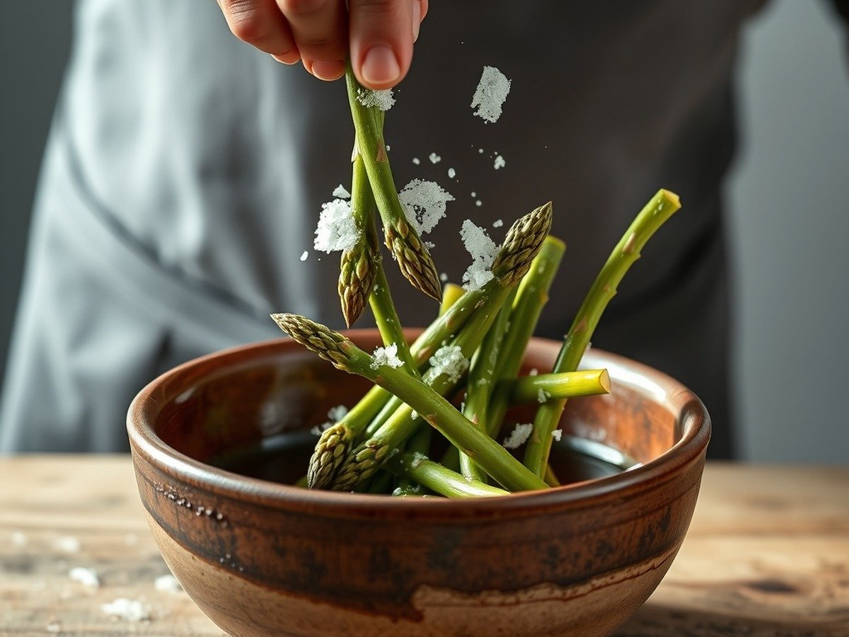 how to cook frozen asparagus in air fryer cooking process - Action shot of a culinary expert tossing frozen asparagus spears in olive oil inside a rustic cerami
