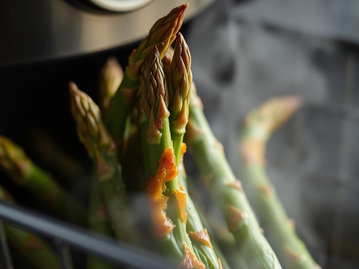how to cook frozen asparagus in air fryer final dish overhead - Close-up shot of cooked air fryer asparagus fresh out of the basket, showing steam rising and perfec