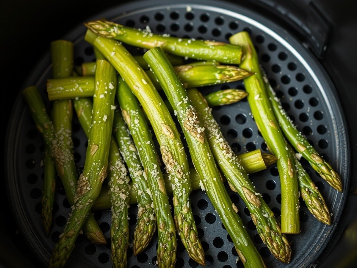how to cook frozen asparagus in air fryer plating and garnish - Detailed close-up shot of seasoned frozen asparagus being arranged in a single layer inside a perfor