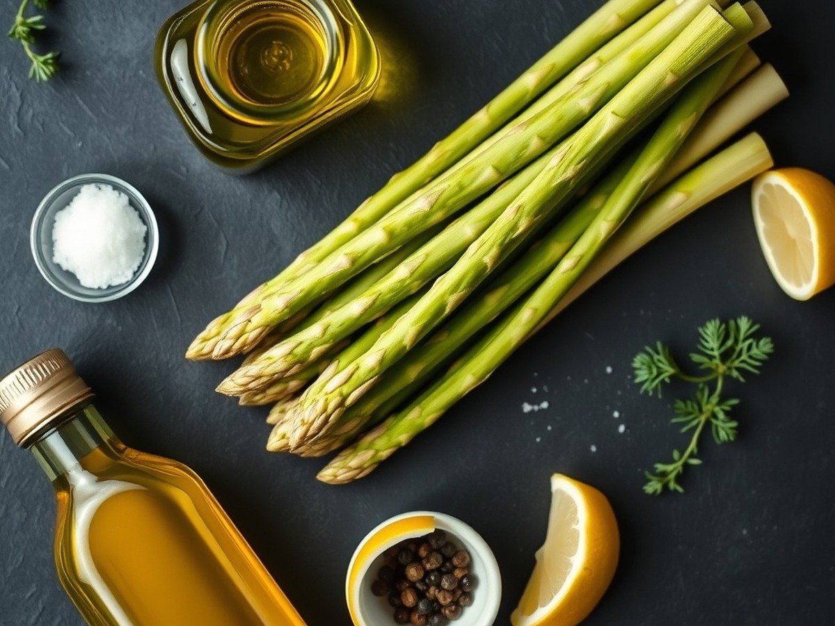 how to cook frozen asparagus in air fryer preparation close-up - Beautifully organized flatlay of ingredients including frozen asparagus spears, olive oil bottle, se
