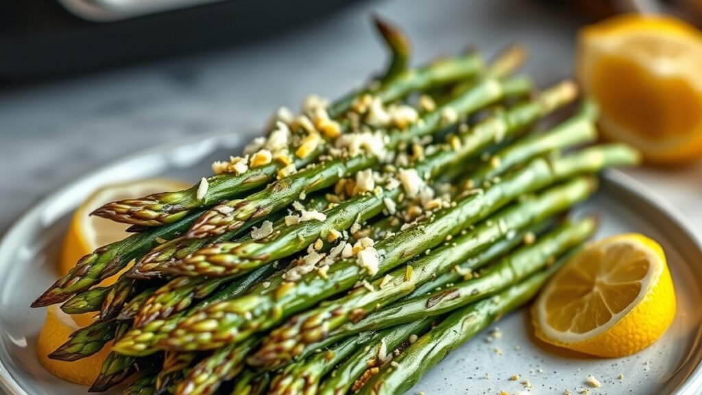 how to cook frozen asparagus in air fryer recipe hero presentation - Stunning photorealistic hero shot of how to cook frozen asparagus in air fryer, crispy charred tips,