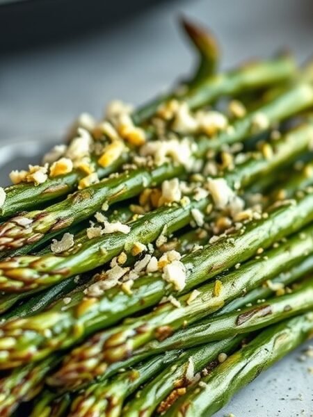 how to cook frozen asparagus in air fryer recipe hero presentation - Stunning photorealistic hero shot of how to cook frozen asparagus in air fryer, crispy charred tips,