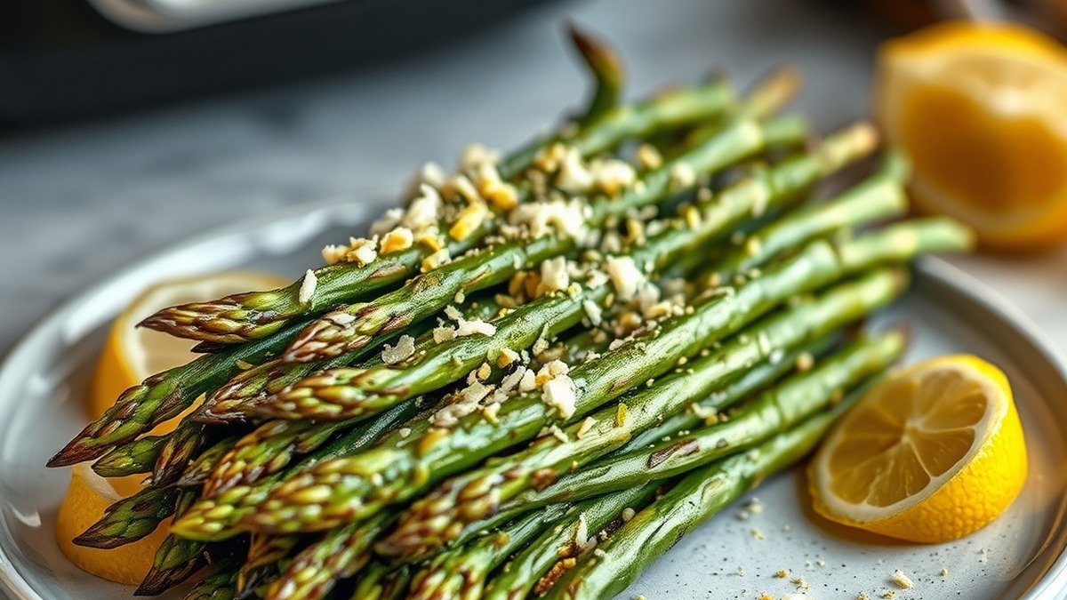 how to cook frozen asparagus in air fryer recipe hero presentation - Stunning photorealistic hero shot of how to cook frozen asparagus in air fryer, crispy charred tips,