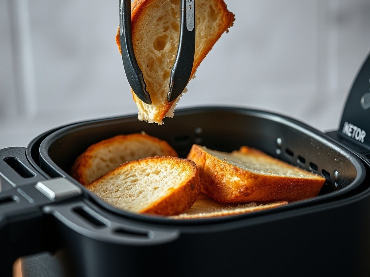how to cook frozen bread in air fryer cooking process - Action shot of a pair of tongs placing frozen bread slices into a preheated air fryer basket.