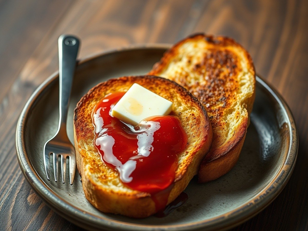 how to cook frozen bread in air fryer final dish overhead - Final plated presentation of perfectly toasted air-fried bread served with butter and jam on a rusti