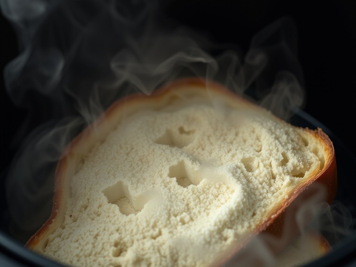 how to cook frozen bread in air fryer plating and garnish - Close-up detail shot of steam rising as frozen bread cooks inside an air fryer basket.