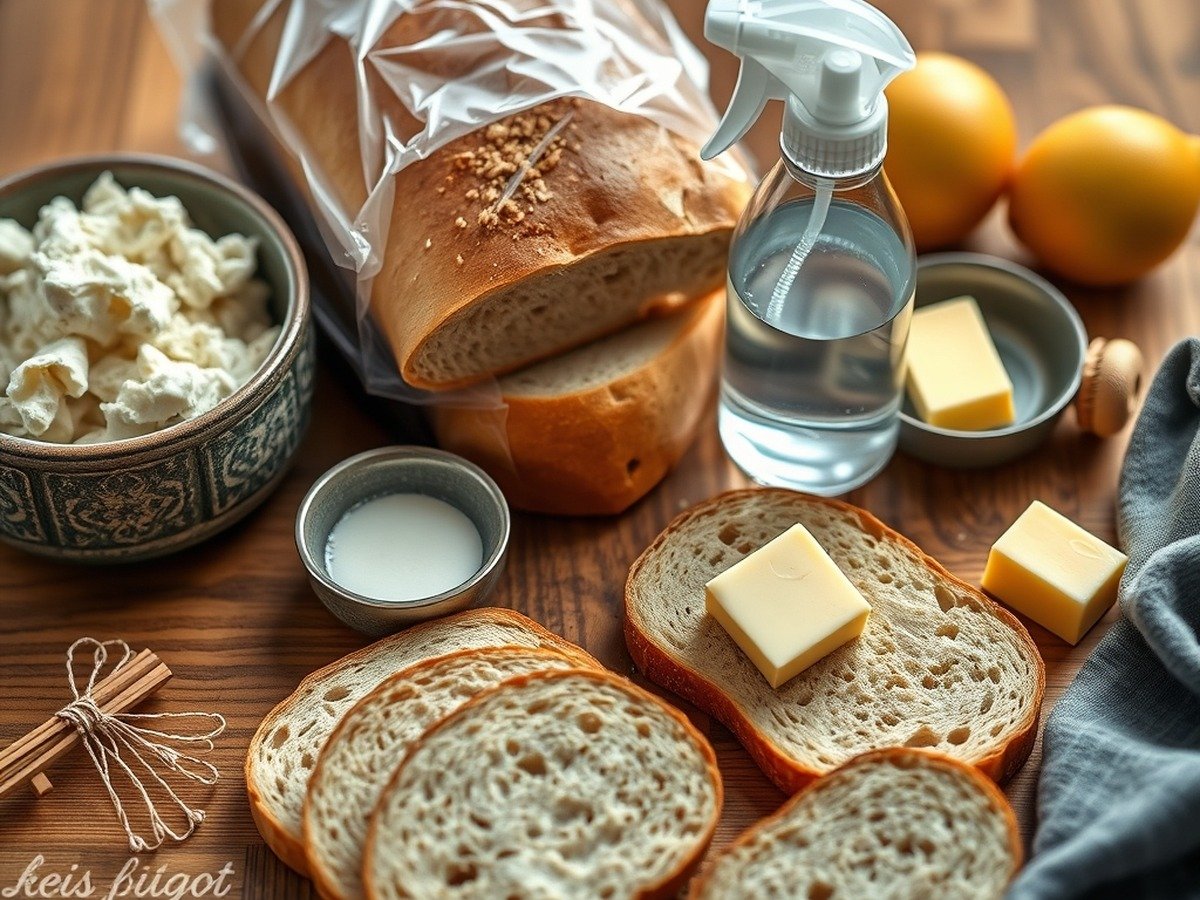 how to cook frozen bread in air fryer preparation close-up - Beautifully organized flatlay of ingredients including frozen bread slices, butter, and a spray bott