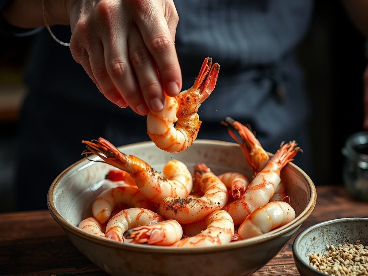 how to cook frozen prawns in air fryer cooking process - An action shot of a home cook tossing frozen prawns with oil and spices in a ceramic mixing bowl bef