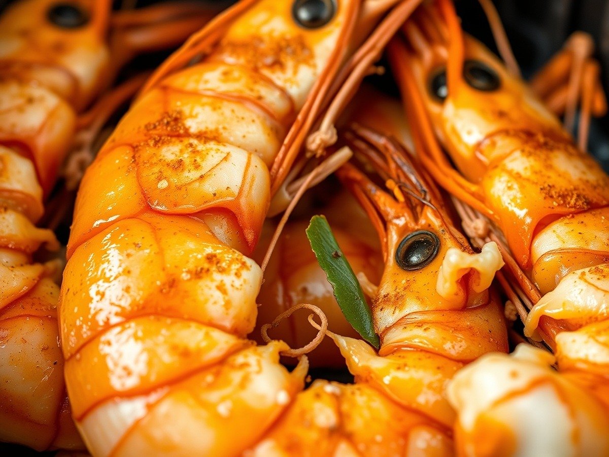 how to cook frozen prawns in air fryer final dish overhead - A detailed macro shot of perfectly cooked prawns fresh out of the air fryer, showing seasoning adher