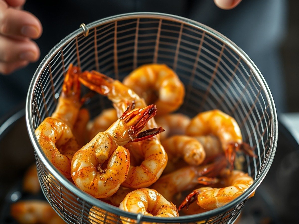 how to cook frozen prawns in air fryer plating and garnish - A close-up action shot of a person shaking the air fryer basket filled with sizzling, seasoned prawn