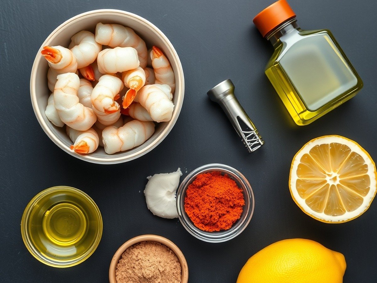 how to cook frozen prawns in air fryer preparation close-up - A beautifully organized flatlay of ingredients for how to cook frozen prawns in air fryer, showing f