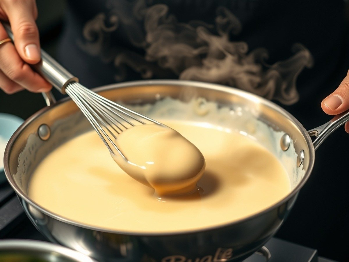 how to fix broken heavy cream sauce cooking process - Action shot of a chef whisking a glossy cream sauce in a stainless steel skillet with steam rising g
