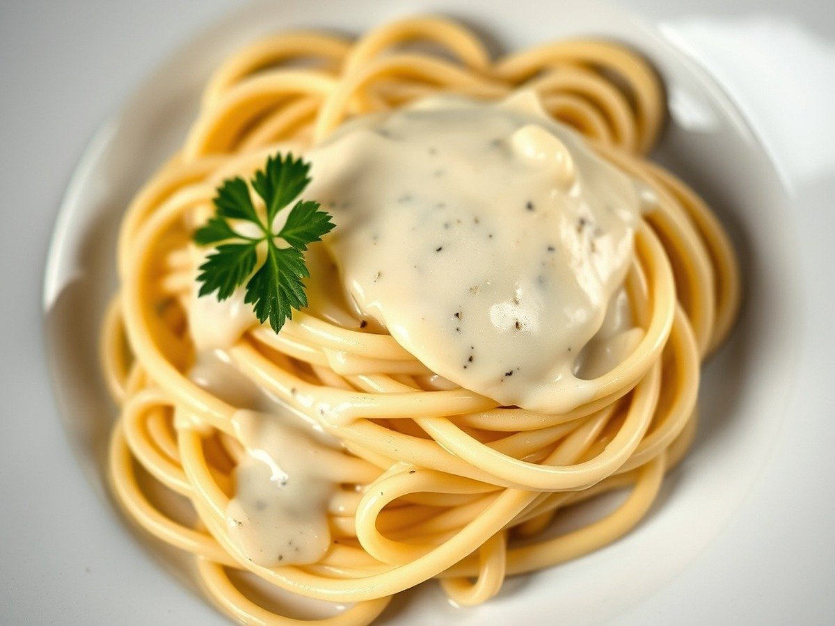 how to fix broken heavy cream sauce final dish overhead - Final plated fettuccine alfredo with a velvety smooth heavy cream sauce, garnished with fresh parsle