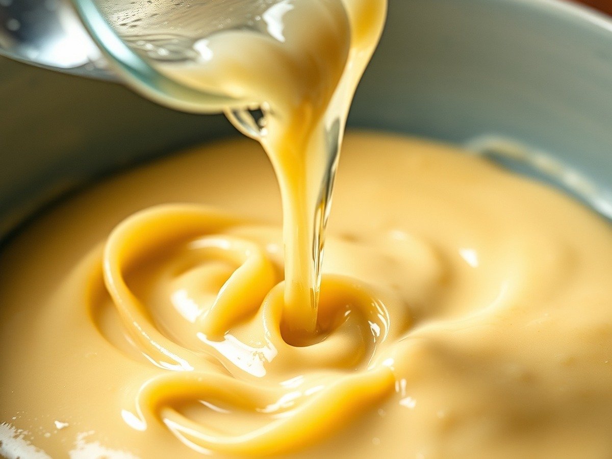 how to fix broken heavy cream sauce plating and garnish - Close-up shot of pasta water being poured into a separating cream sauce to restore emulsion.