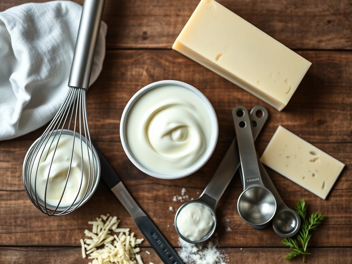 how to fix broken heavy cream sauce preparation close-up - Beautifully organized flatlay of heavy cream, fresh parmesan cheese, whisk, and measuring spoons on