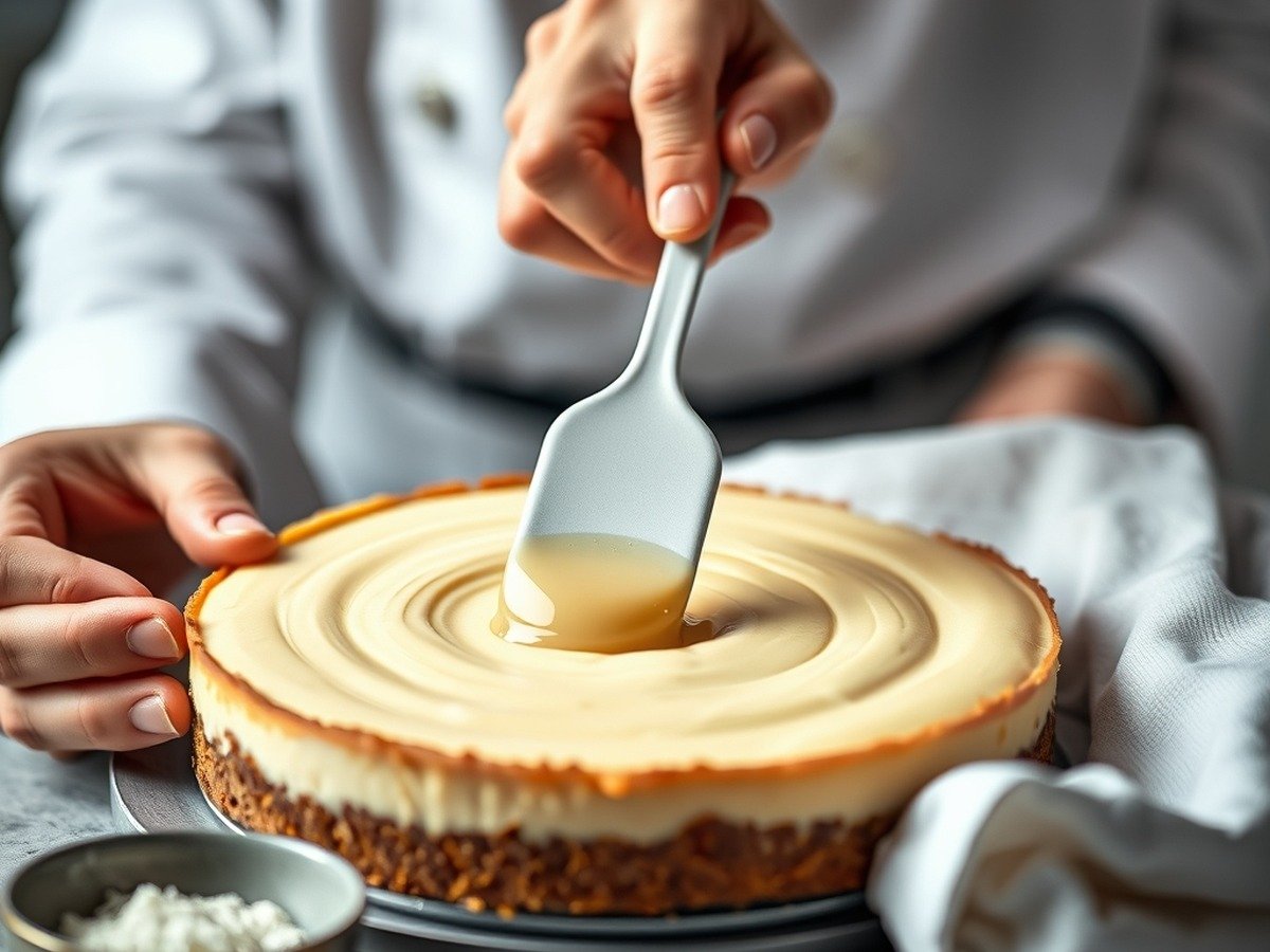 how to fix runny cheesecake filling cooking process - Action shot of a chef gently folding gelatin into a creamy cheesecake batter using a silicone spatul