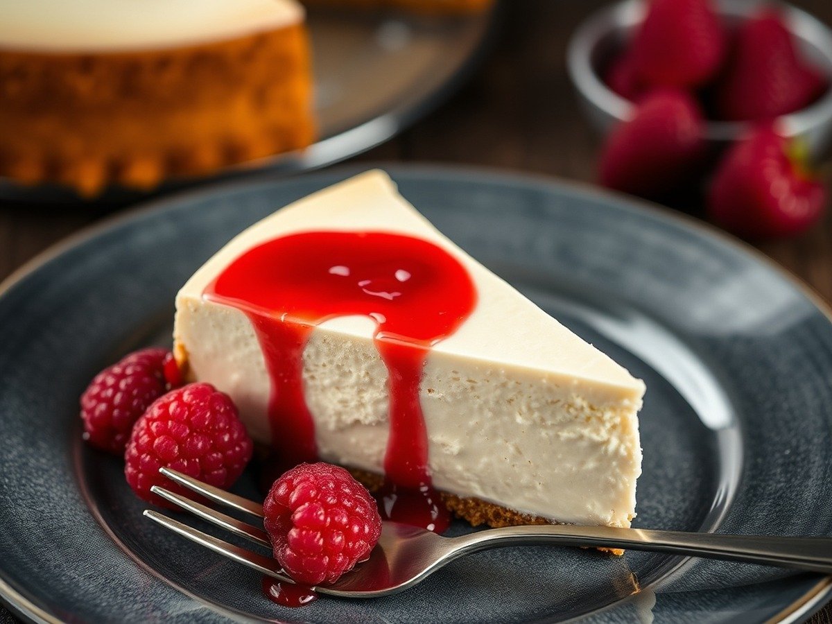 how to fix runny cheesecake filling final dish overhead - Final plated slice of chilled cheesecake with a smooth, firm texture and raspberry garnish.