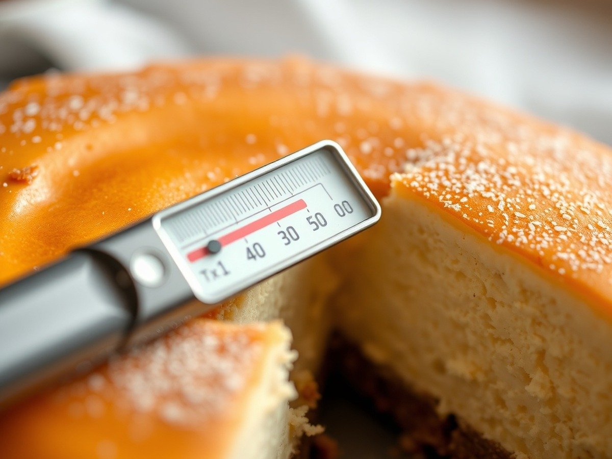 how to fix runny cheesecake filling plating and garnish - Close-up detailed shot of a thermometer checking the internal temperature of a baking cheesecake.