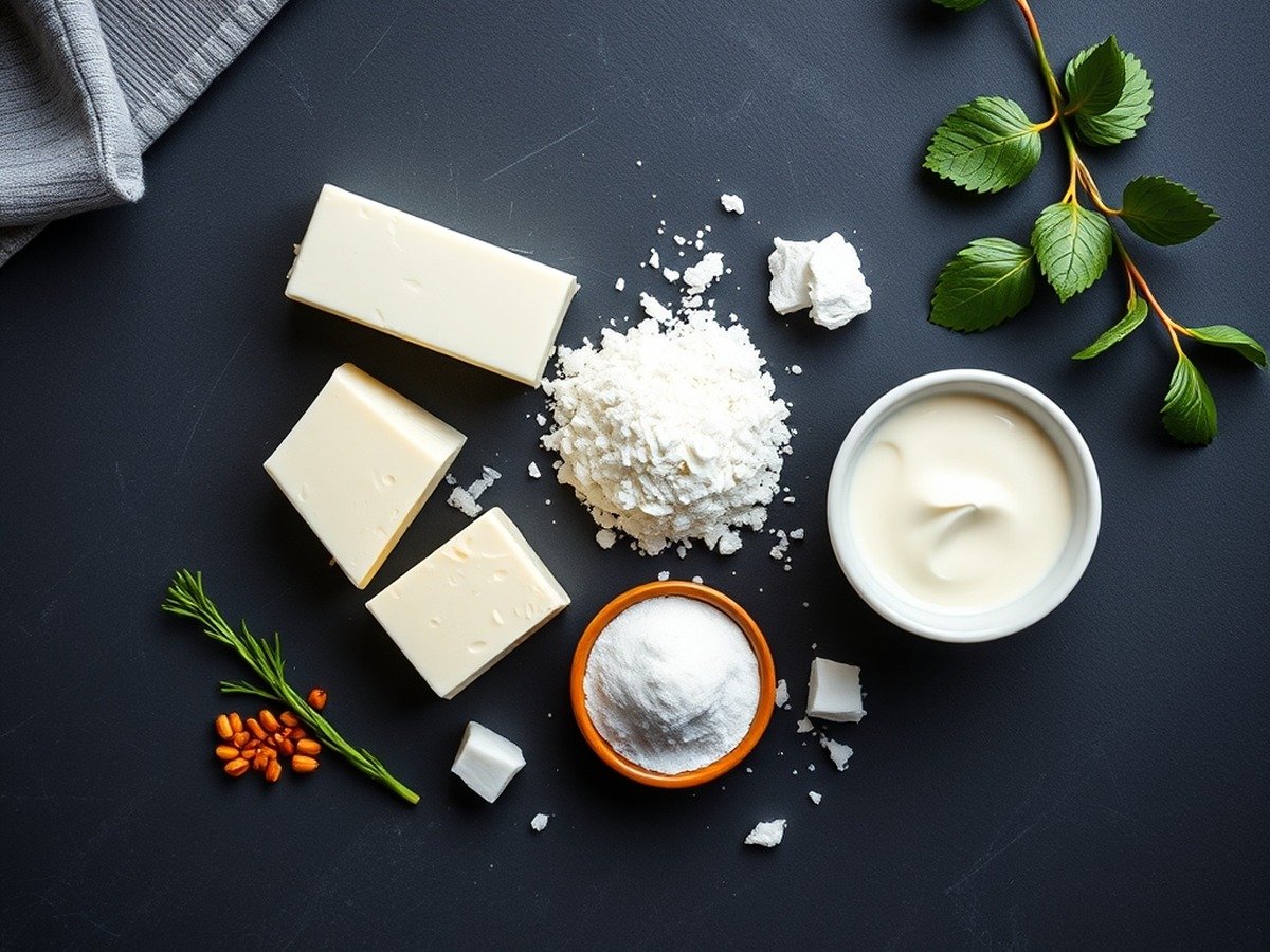 how to fix runny cheesecake filling preparation close-up - Beautifully organized flatlay of ingredients including cream cheese, cornstarch, and heavy cream on