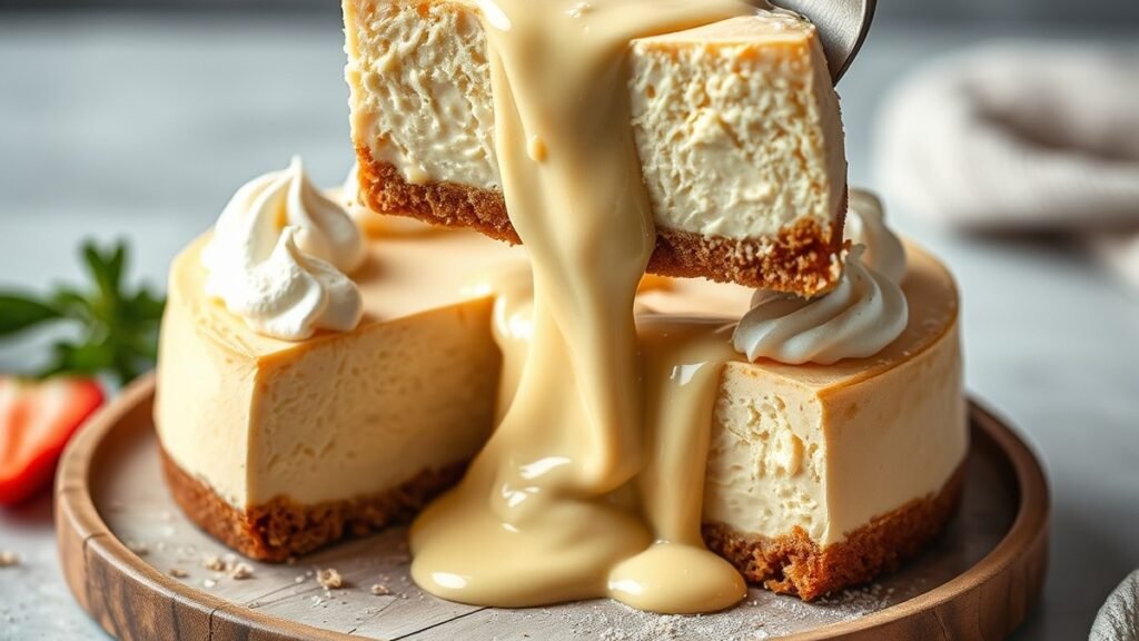 how to fix runny cheesecake filling recipe hero presentation - Stunning photorealistic hero shot of how to fix runny cheesecake filling with a slice being lifted.