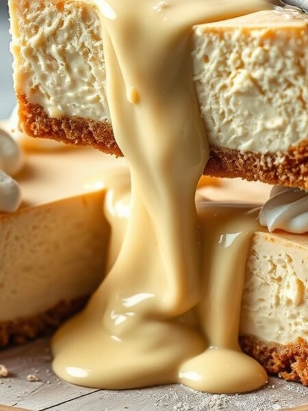 how to fix runny cheesecake filling recipe hero presentation - Stunning photorealistic hero shot of how to fix runny cheesecake filling with a slice being lifted.