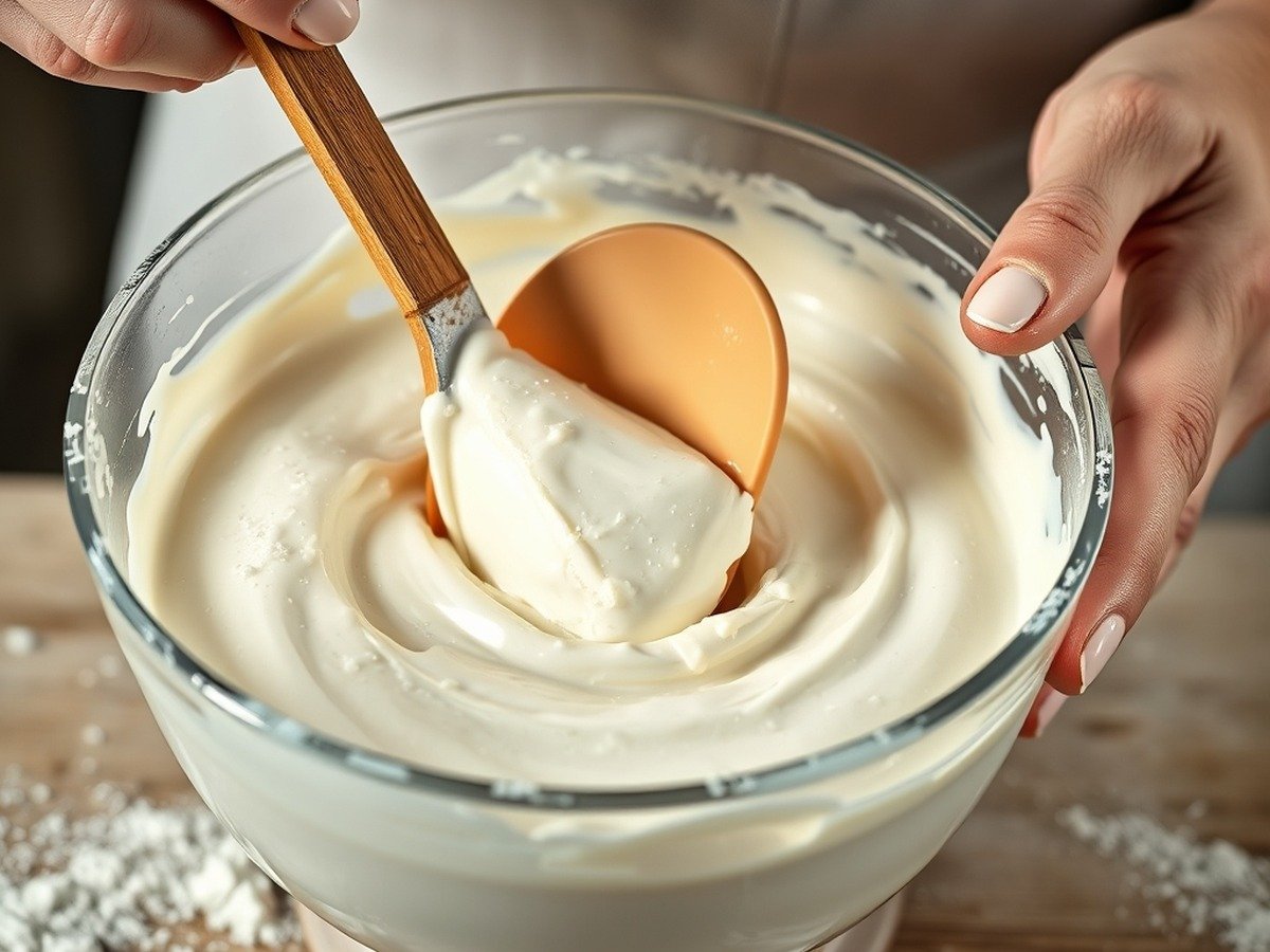 how to fix runny cream cheese filling cooking process - Close-up action shot of a baker gently folding cornstarch into a creamy white filling using a silico