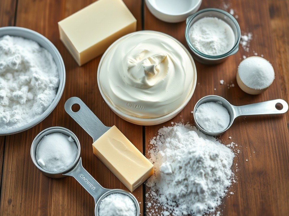 how to fix runny cream cheese filling preparation close-up - Beautifully organized flatlay of cream cheese, powdered sugar, cornstarch, and measuring tools on a