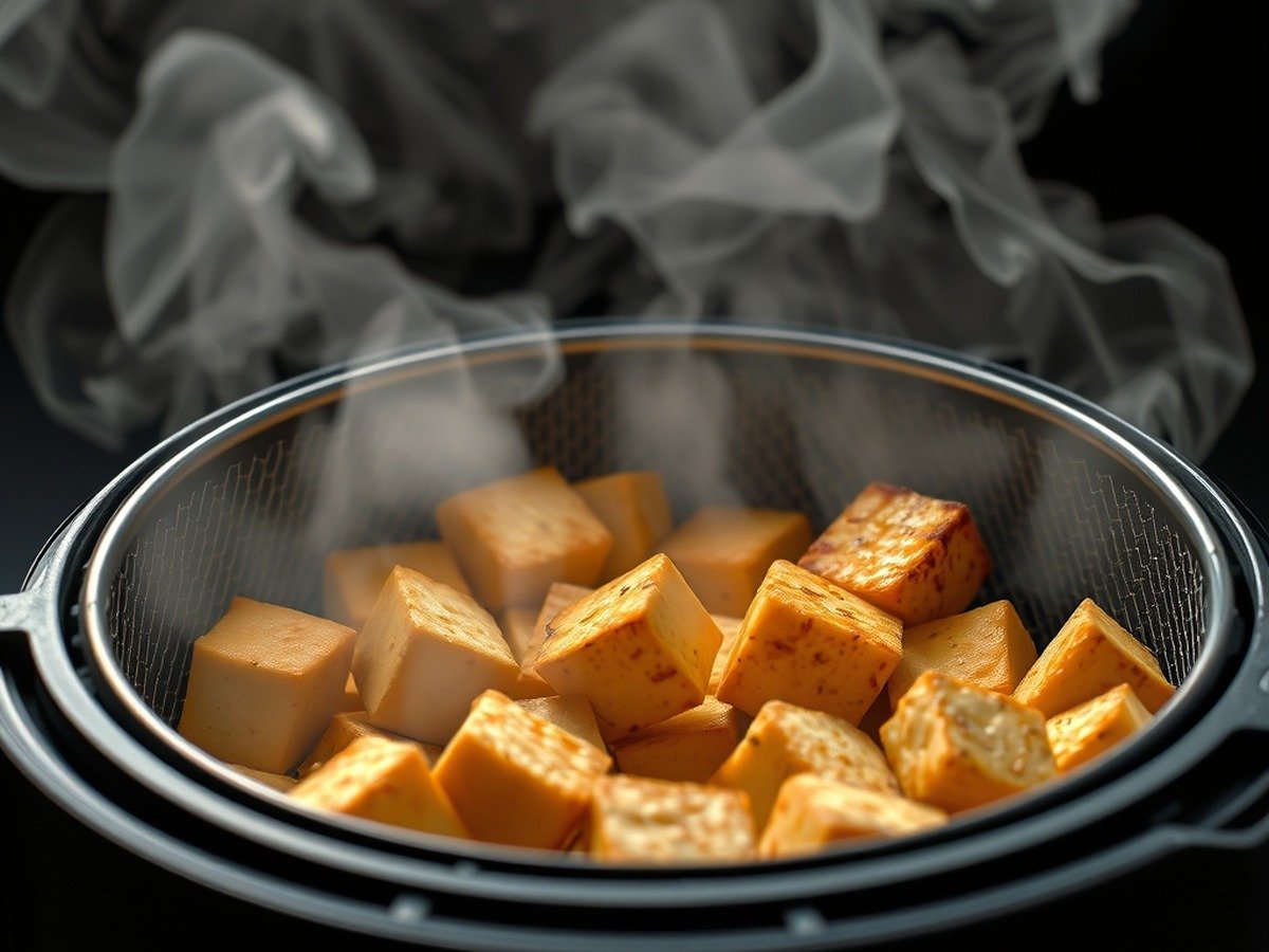How to store and reheat crispy air fryer tofu? cooking process - A modern air fryer basket filled with golden-brown tofu cubes being heated, dramatic steam rising, p