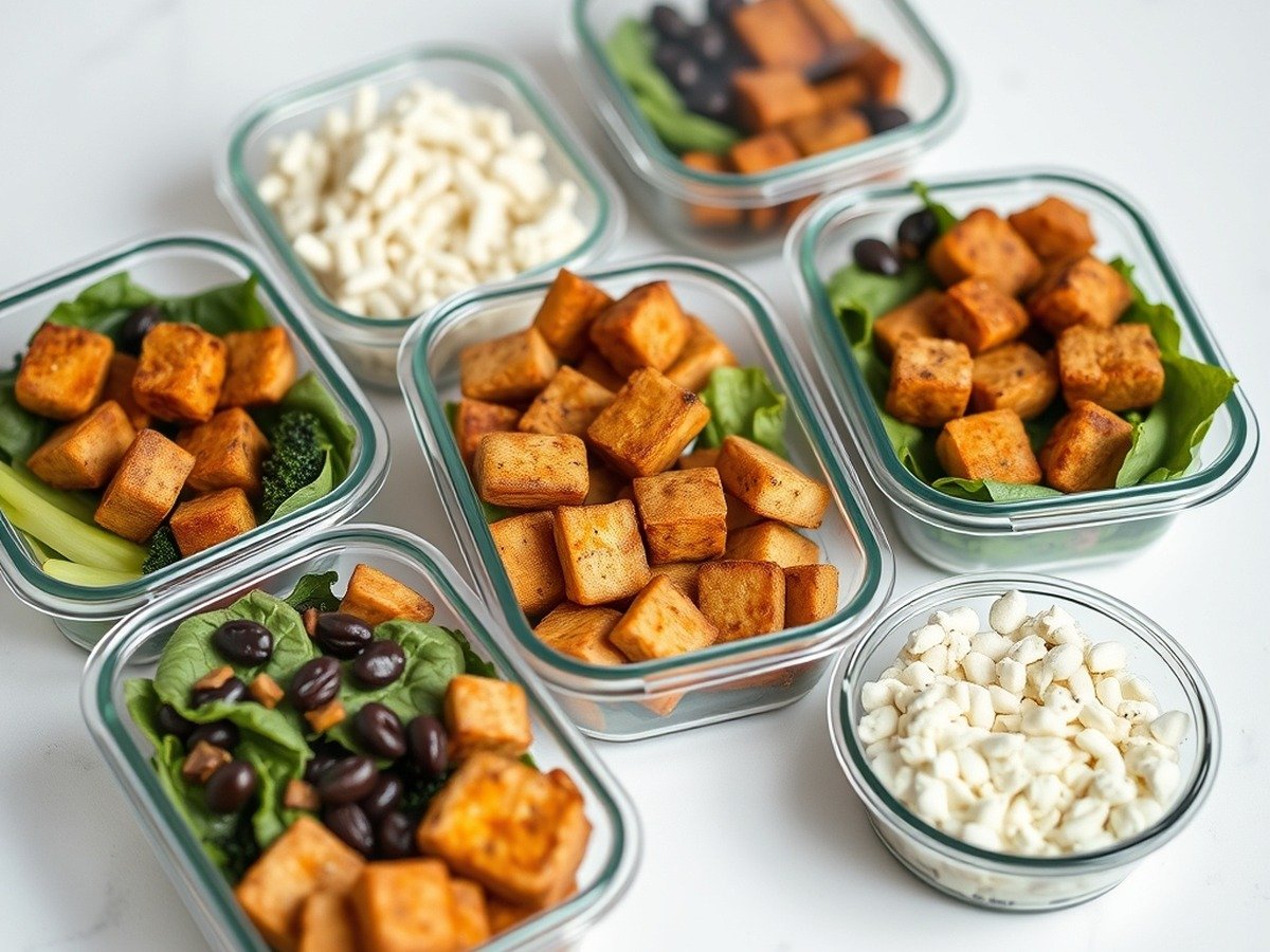 How to store and reheat crispy air fryer tofu? final dish overhead - Assorted meal prep containers with healthy plant-based proteins including air-fried tofu, clean aest
