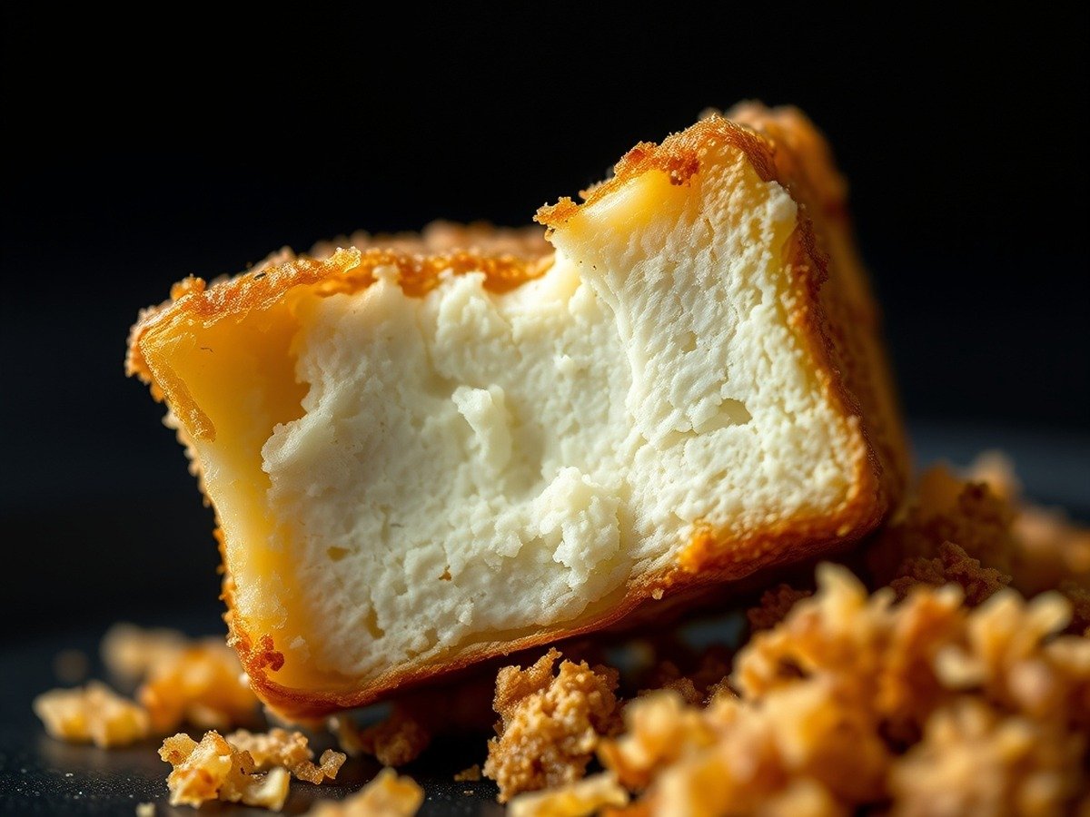How to store and reheat crispy air fryer tofu? plating and garnish - Macro shot of a single crispy tofu cube cut in half revealing a firm interior and a crunchy starch c
