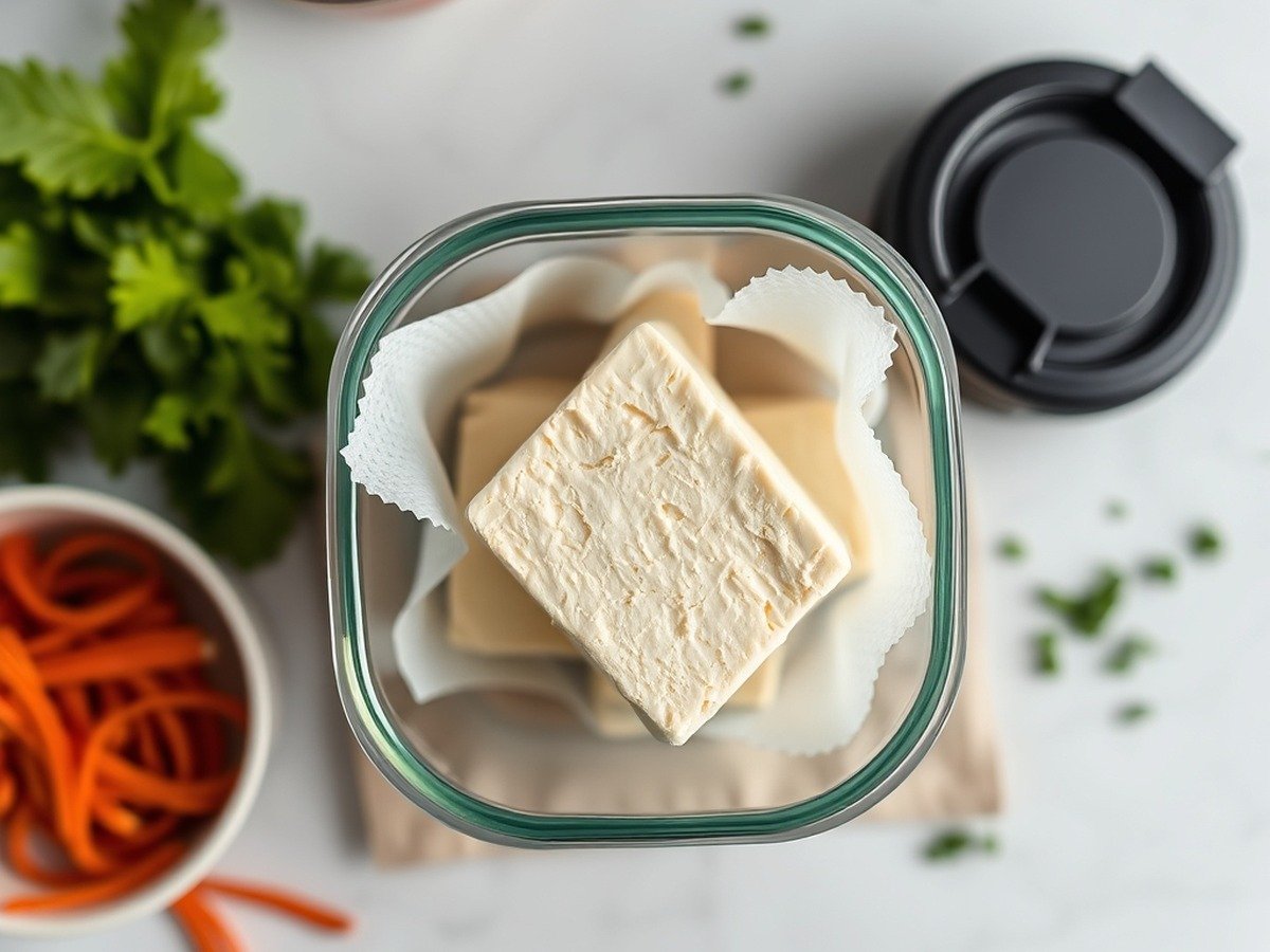 How to store and reheat crispy air fryer tofu? preparation close-up - Overhead shot of leftover tofu being stored in a glass meal prep container with a paper towel layer,
