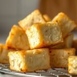 How to store and reheat crispy air fryer tofu? recipe hero presentation - Close-up food photography of crispy golden air fryer tofu cubes resting on a wire cooling rack, mini