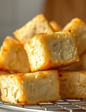 How to store and reheat crispy air fryer tofu? recipe hero presentation - Close-up food photography of crispy golden air fryer tofu cubes resting on a wire cooling rack, mini