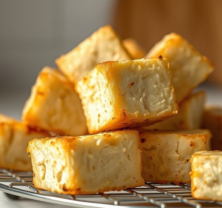 How to store and reheat crispy air fryer tofu? recipe hero presentation - Close-up food photography of crispy golden air fryer tofu cubes resting on a wire cooling rack, mini