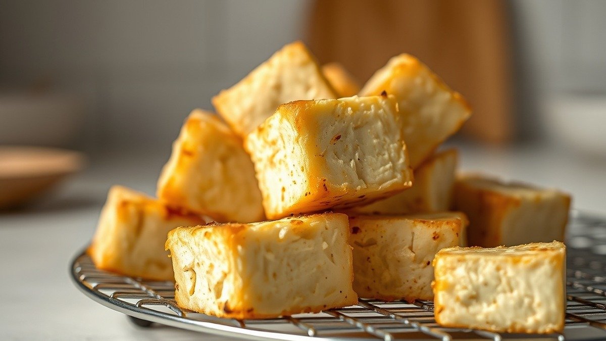How to store and reheat crispy air fryer tofu? recipe hero presentation - Close-up food photography of crispy golden air fryer tofu cubes resting on a wire cooling rack, mini