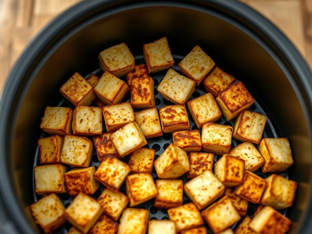 What is the secret to crispy air fryer tofu? cooking process - A modern air fryer basket filled with evenly spaced, perfectly browned tofu cubes, shallow depth of