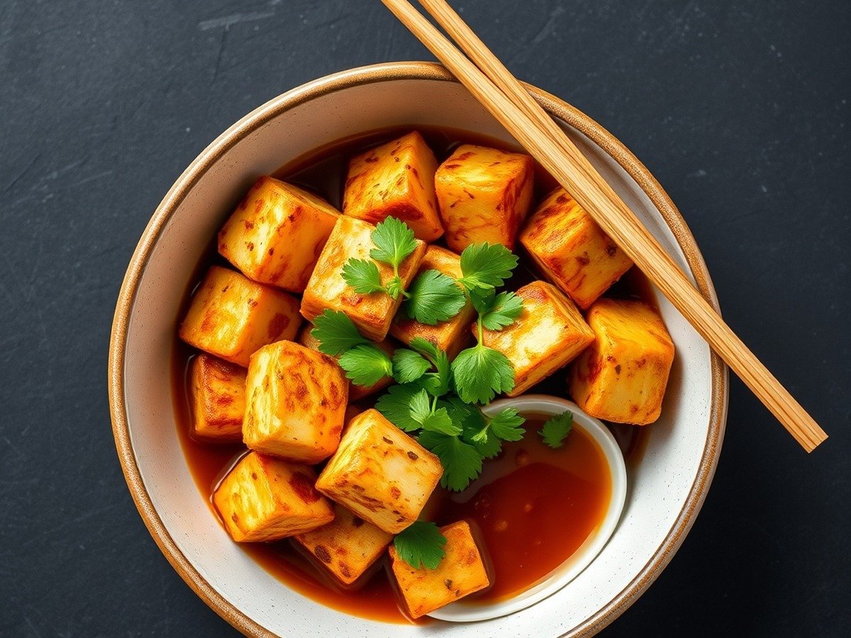 What is the secret to crispy air fryer tofu? final dish overhead - A bowl of crispy air fryer tofu served with dipping sauce, fresh herbs, and chopsticks on a dark sla