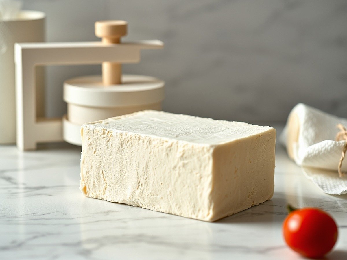 What is the secret to crispy air fryer tofu? plating and garnish - Raw extra-firm tofu block next to a tofu press and paper towels on a clean marble countertop, bright