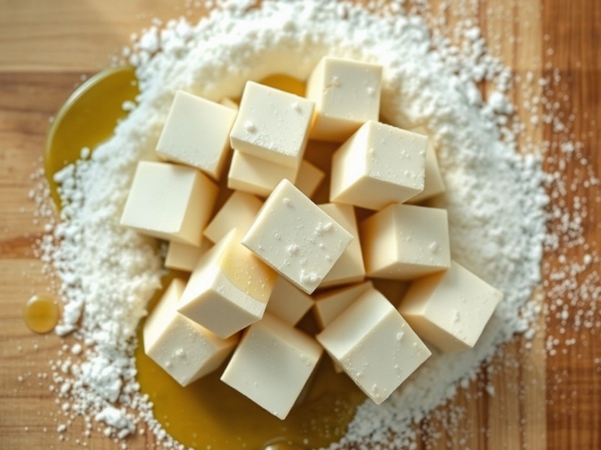 What is the secret to crispy air fryer tofu? preparation close-up - Overhead shot of cubed extra-firm tofu being tossed in cornstarch and oil on a wooden cutting board,