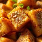 What is the secret to crispy air fryer tofu? recipe hero presentation - Close-up food photography of golden crispy air fryer tofu cubes in a rustic basket, sprinkled with g