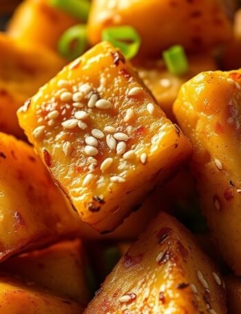 What is the secret to crispy air fryer tofu? recipe hero presentation - Close-up food photography of golden crispy air fryer tofu cubes in a rustic basket, sprinkled with g
