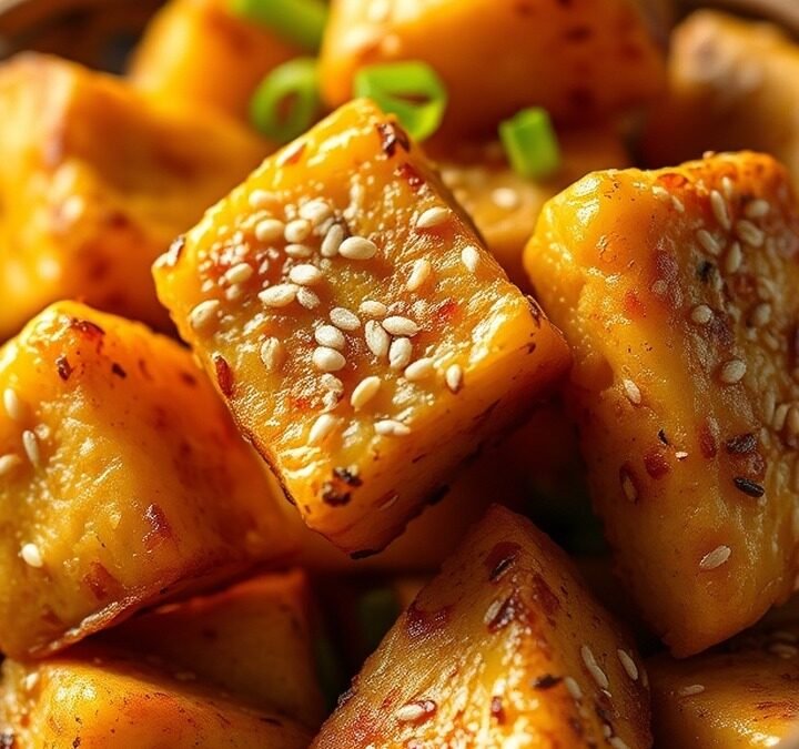 What is the secret to crispy air fryer tofu? recipe hero presentation - Close-up food photography of golden crispy air fryer tofu cubes in a rustic basket, sprinkled with g