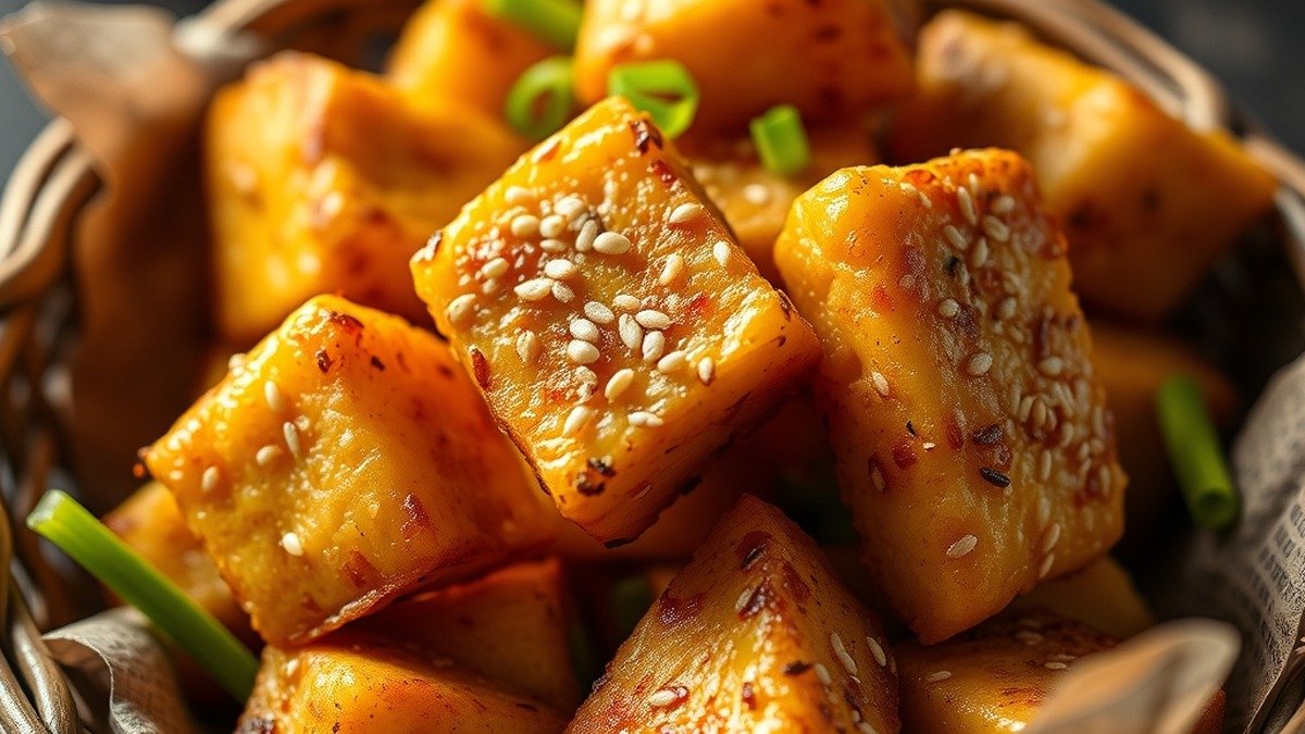 What is the secret to crispy air fryer tofu? recipe hero presentation - Close-up food photography of golden crispy air fryer tofu cubes in a rustic basket, sprinkled with g